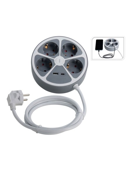 Base de enchufe múltiple redonda 4 tomas USB-A y C cable 1,4 m