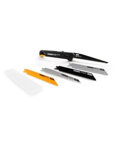 Manual folding hacksaw with quick-release mechanism and 4 interchangeable blades