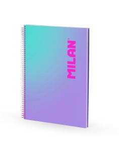 Caderno A4 capa rígida lilás com espiral e 3 faixas de cor