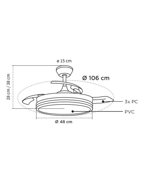 Ventola da soffitto Ferro Eco 48W con pale retrattili e telecomando