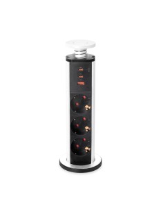 Multiconector extraível Vertikal Emuca, 3 tomadas Schuko e 3 portas USB, Alumínio e plástico branco