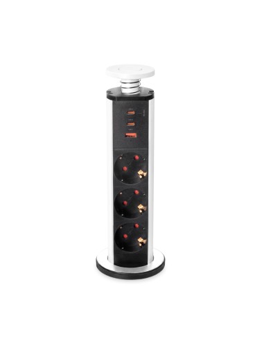 Multiconector extraível Vertikal Emuca, 3 tomadas Schuko e 3 portas USB, Alumínio e plástico branco