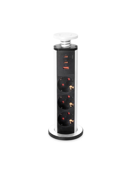 Multiconector extraível Vertikal Emuca, 3 tomadas Schuko e 3 portas USB, Alumínio e plástico branco