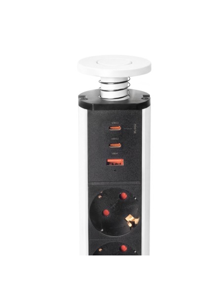 Multiconector extraível Vertikal Emuca, 3 tomadas Schuko e 3 portas USB, Alumínio e plástico branco