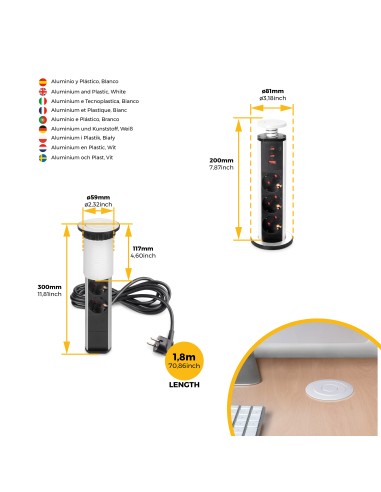 Multiconector extraível Vertikal Emuca, 3 tomadas Schuko e 3 portas USB, Alumínio e plástico branco