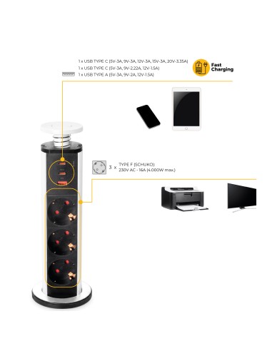 Multiconector extraível Vertikal Emuca, 3 tomadas Schuko e 3 portas USB, Alumínio e plástico branco