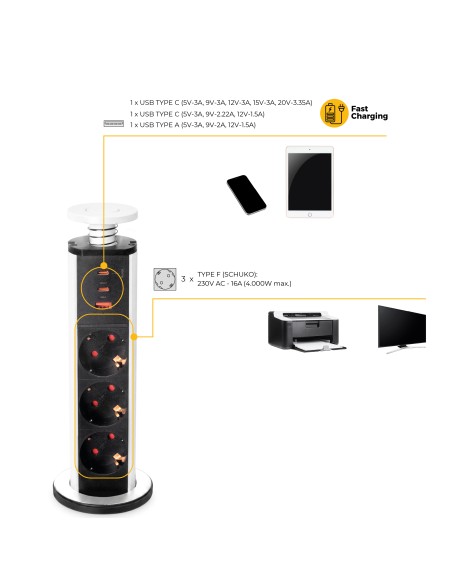 Multiconector extraível Vertikal Emuca, 3 tomadas Schuko e 3 portas USB, Alumínio e plástico branco