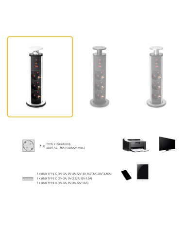 Multiconector extraível Vertikal Emuca, 3 tomadas Schuko e 3 portas USB, Alumínio e plástico branco