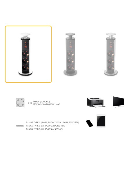 Multiconector extraível Vertikal Emuca, 3 tomadas Schuko e 3 portas USB, Alumínio e plástico branco
