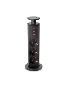 Multiponto extraível Vertikal com 3 tomadas Schuko e portas USB, acabamento preto