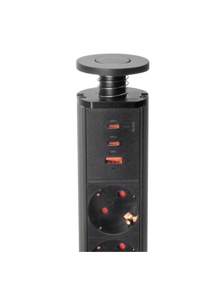 Removable Vertikal Multi-socket with 3 Schuko outlets and USB ports, matte black finish