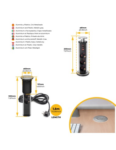 Removable Vertikal Multi-socket with 3 Schuko outlets and USB ports, matte black finish