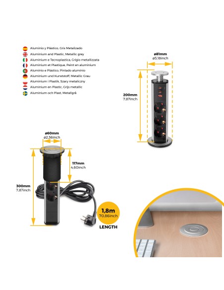 Removable Vertikal Multi-socket with 3 Schuko outlets and USB ports, matte black finish
