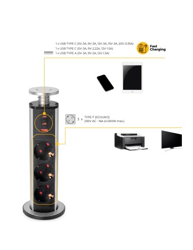 Removable Vertikal Multi-socket with 3 Schuko outlets and USB ports, matte black finish