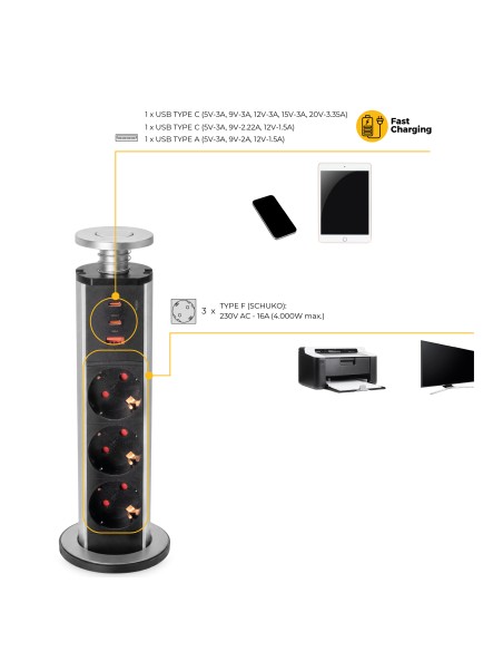Removable Vertikal Multi-socket with 3 Schuko outlets and USB ports, matte black finish
