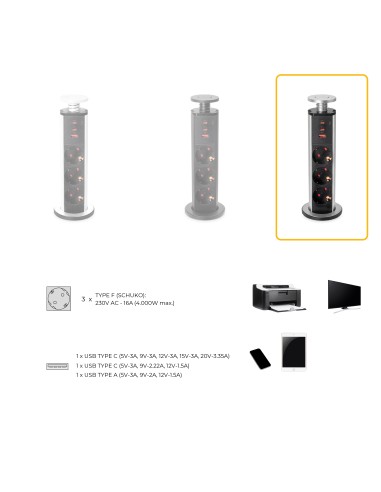 Removable Vertikal Multi-socket with 3 Schuko outlets and USB ports, matte black finish