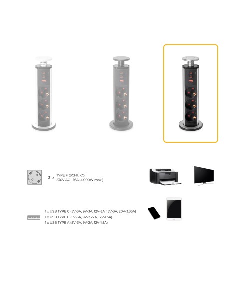 Removable Vertikal Multi-socket with 3 Schuko outlets and USB ports, matte black finish