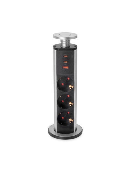 Removable Multi-socket Vertikal, 3 Schuko sockets and 3 USB ports, Grey painted aluminium