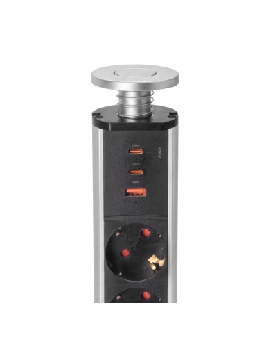 Removable Multi-socket Vertikal, 3 Schuko sockets and 3 USB ports, Grey painted aluminium