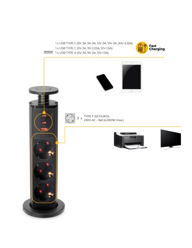 Removable Multi-socket Vertikal, 3 Schuko sockets and 3 USB ports, Grey painted aluminium