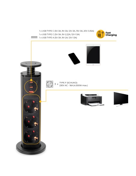Removable Multi-socket Vertikal, 3 Schuko sockets and 3 USB ports, Grey painted aluminium