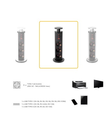 Removable Multi-socket Vertikal, 3 Schuko sockets and 3 USB ports, Grey painted aluminium