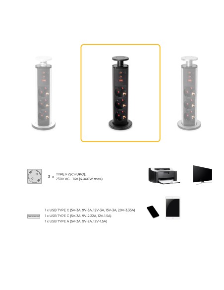 Removable Multi-socket Vertikal, 3 Schuko sockets and 3 USB ports, Grey painted aluminium
