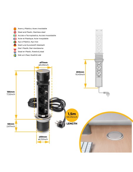 Removable Vertical Push Multi-socket 60mm, 3 Schuko and 1 USB C, Stainless Steel