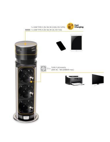 Removable Vertical Push Multi-socket 60mm, 3 Schuko and 1 USB C, Stainless Steel