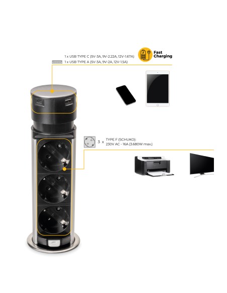 Removable Vertical Push Multi-socket 60mm, 3 Schuko and 1 USB C, Stainless Steel