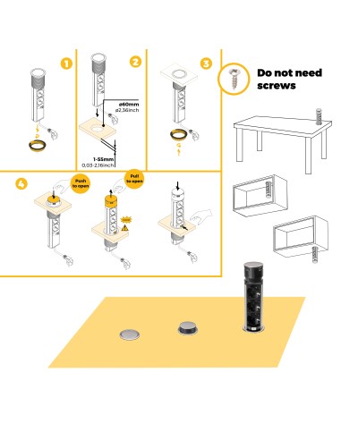 Removable Vertical Push Multi-socket 60mm, 3 Schuko and 1 USB C, Stainless Steel
