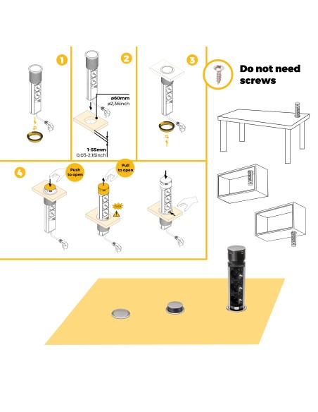 Removable Vertical Push Multi-socket 60mm, 3 Schuko and 1 USB C, Stainless Steel