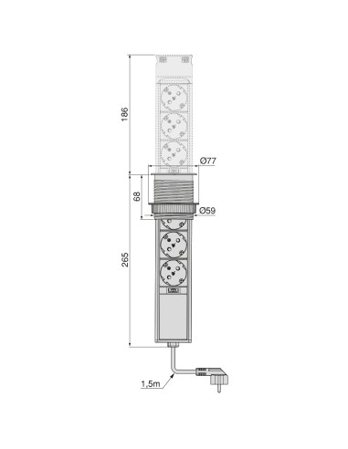 Removable Vertical Push Multi-socket 60mm, 3 Schuko and 1 USB C, Stainless Steel
