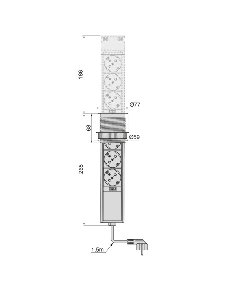 Removable Vertical Push Multi-socket 60mm, 3 Schuko and 1 USB C, Stainless Steel