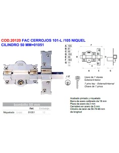 FAC Riegelzylinder Modell 101-L oder 105 Nickel 50 mm