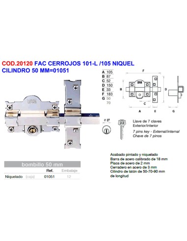 FAC Riegelzylinder Modell 101-L oder 105 Nickel 50 mm
