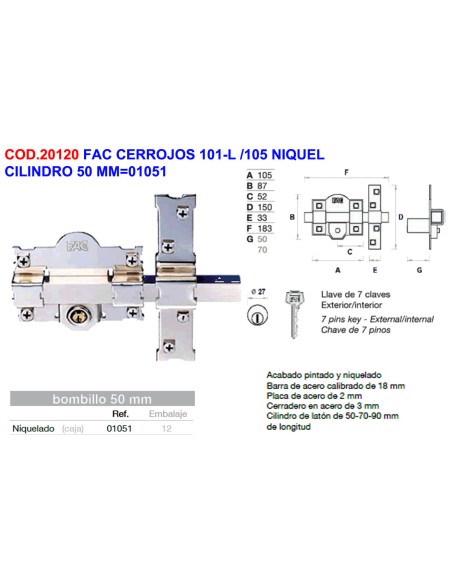 FAC Riegelzylinder Modell 101-L oder 105 Nickel 50 mm