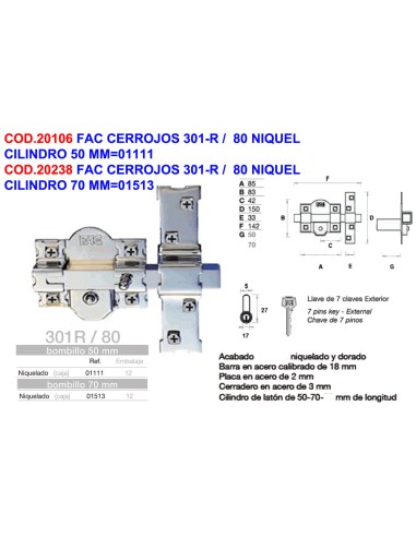 Cilindro FAC Cerrature 301-R nichel 70 mm