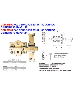 FAC deadbolt cylinder model 301-R gold 70 mm