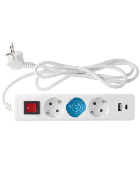 Multi-Base Power Strip 3 Sockets Switch 2xUSB C+A 1.4m