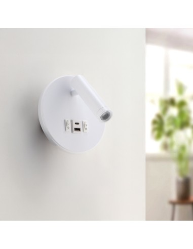 Aplique de pared LED orientable White Round 10W 4000K con interruptor y puerto USB