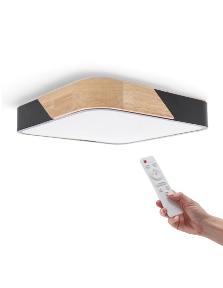 LED Ceiling Light Black Wood Square 24W Adjustable CCT with Remote Control