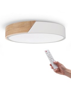 Round LED Ceiling Light White Wood 24W CCT with Remote...