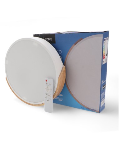 Round LED Ceiling Light White Wood 24W CCT with Remote Control