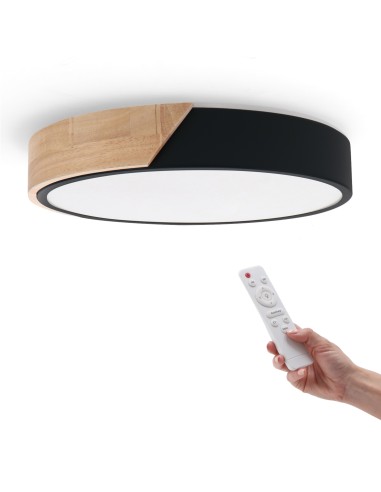 Round LED Ceiling Light White Wood 24W CCT with Remote Control