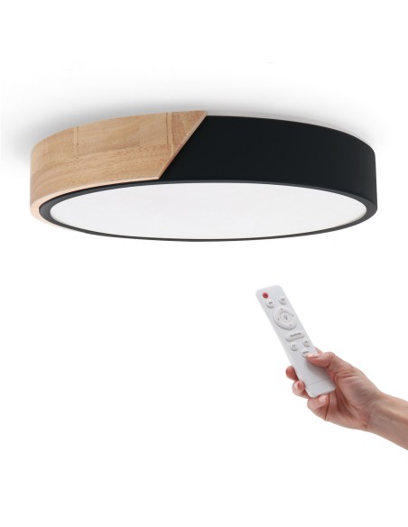 Round LED Ceiling Light White Wood 24W CCT with Remote Control