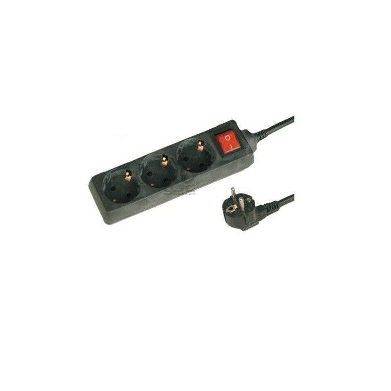 Base múltiple negra con tres enchufes e interruptor