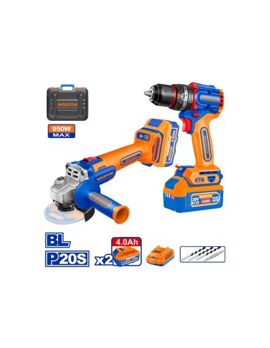 Wadfow 20V Cordless Impact Drill and Angle Grinder Kit with Case