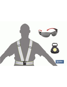 Conjunto chaveiro lanterna + óculos de proteção + colete...