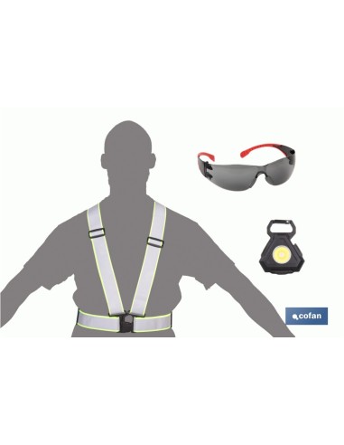 Keychain flashlight + safety glasses + reflective strap kit